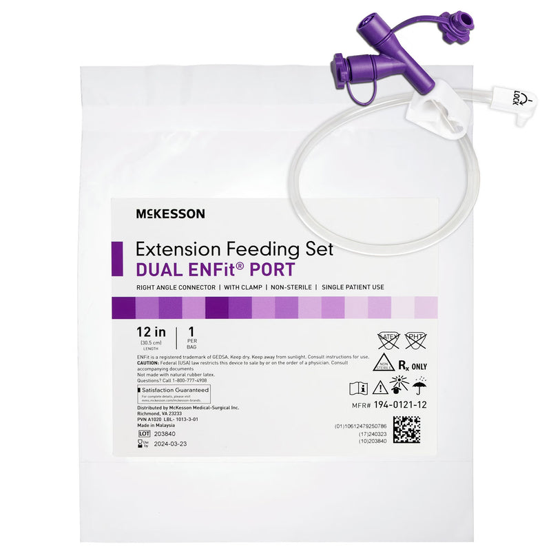 Enteral Feeding Extension Set McKesson 12 Inch, Enfit, Y-Port, Right Angle Connector and Clamp, NonSterile For Use with Low-Profile Gastrostomy, Jejunal and Transgastric-Jejunal Feeding Tube (Box of 5)