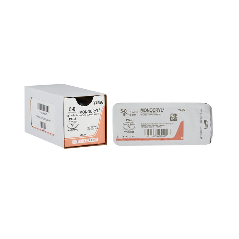Absorbable Suture with Needle Monocryl Poliglecaprone PS-2 3/8 Circle Precision Reverse Cutting Needle Size 5-0 Monofilament 