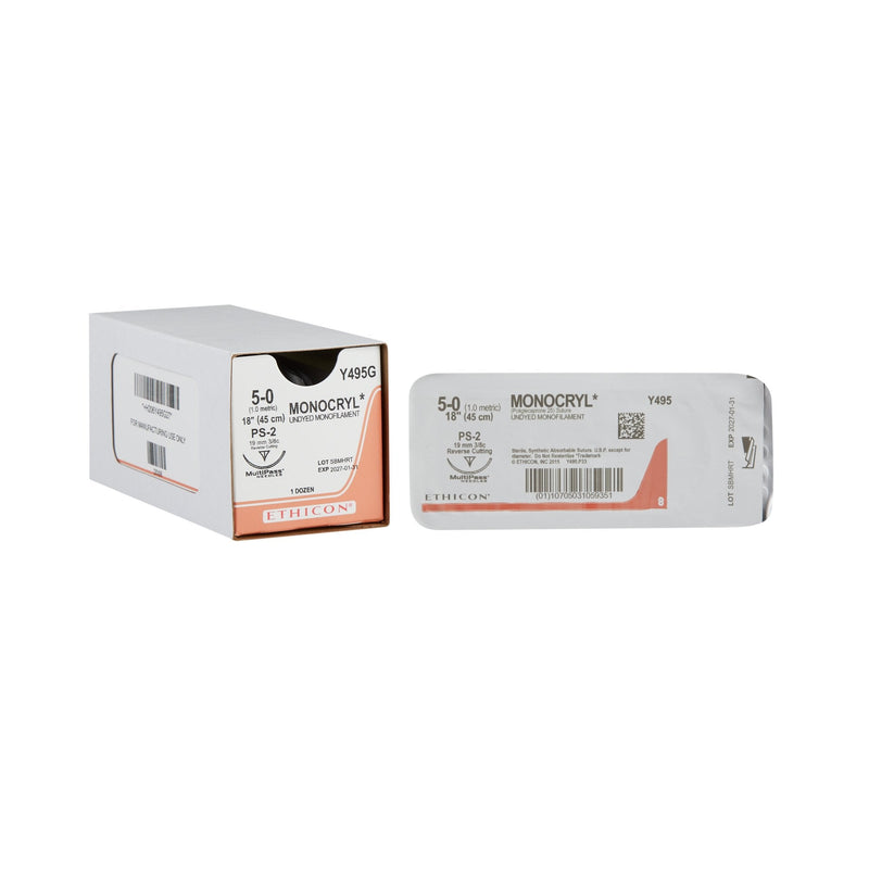 Absorbable Suture with Needle Monocryl Poliglecaprone PS-2 3/8 Circle Precision Reverse Cutting Needle Size 5-0 Monofilament 