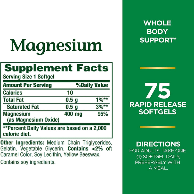 Nature's Bounty Magnesium 400 mg Mineral Supplement Rapid Release Softgels (Bottle of 75)