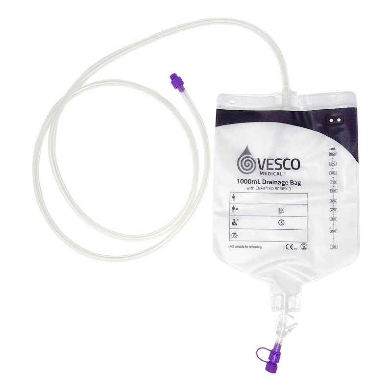 Enteral Drainage Bag with ENFit Connector Vesco Medical 60 Inch Tubing 1000 mL Sterile (Case of 30)