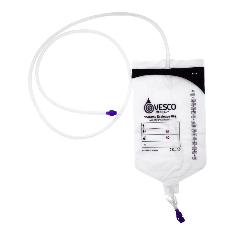 Enteral Drainage Bag with ENFit Connector Vesco Medical 60 Inch Tubing 1500 mL Sterile (Case of 30)