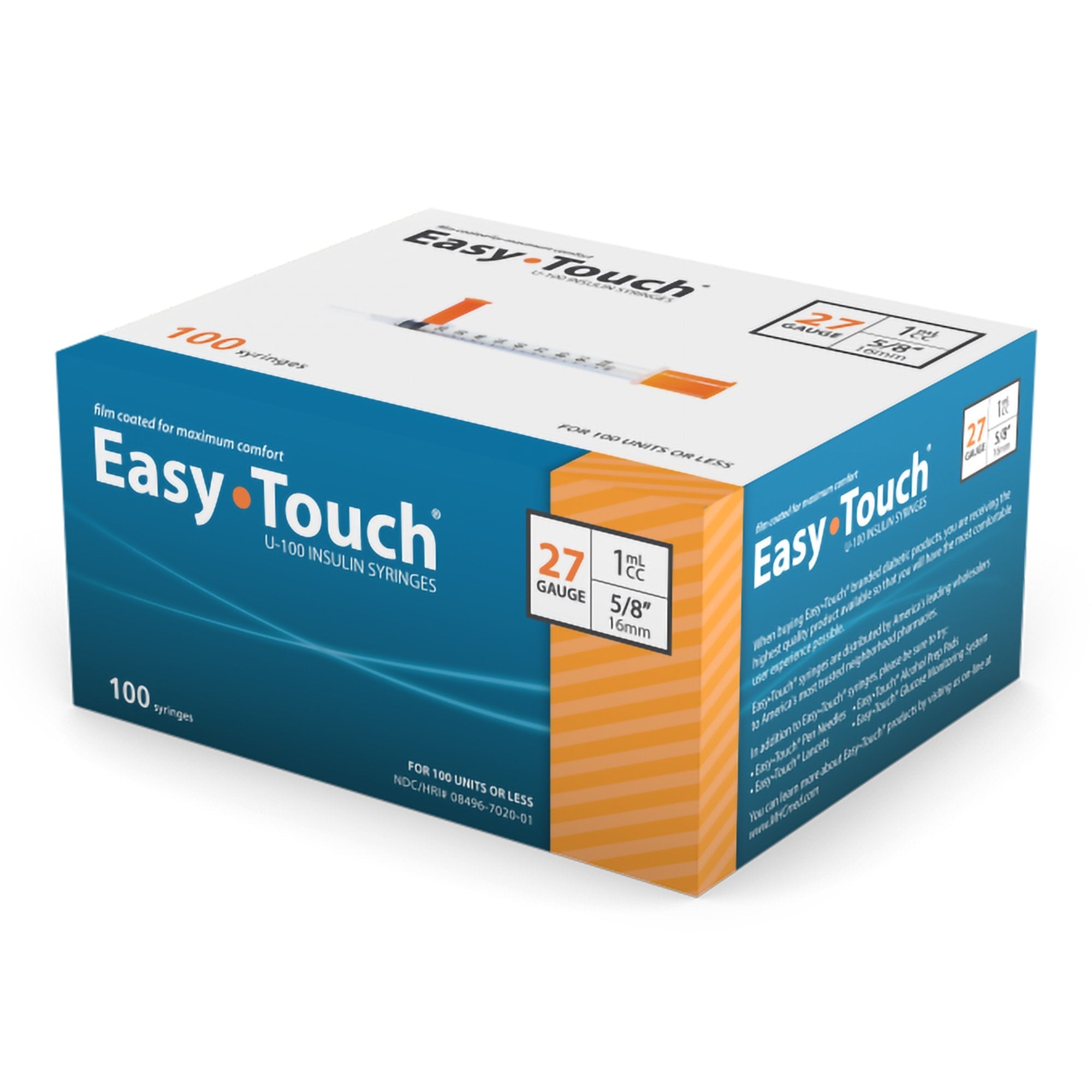Standard Insulin Syringe with Needle EasyTouch 1 mL 5/8 Inch 27 Gauge NonSafety Thin Wall 
