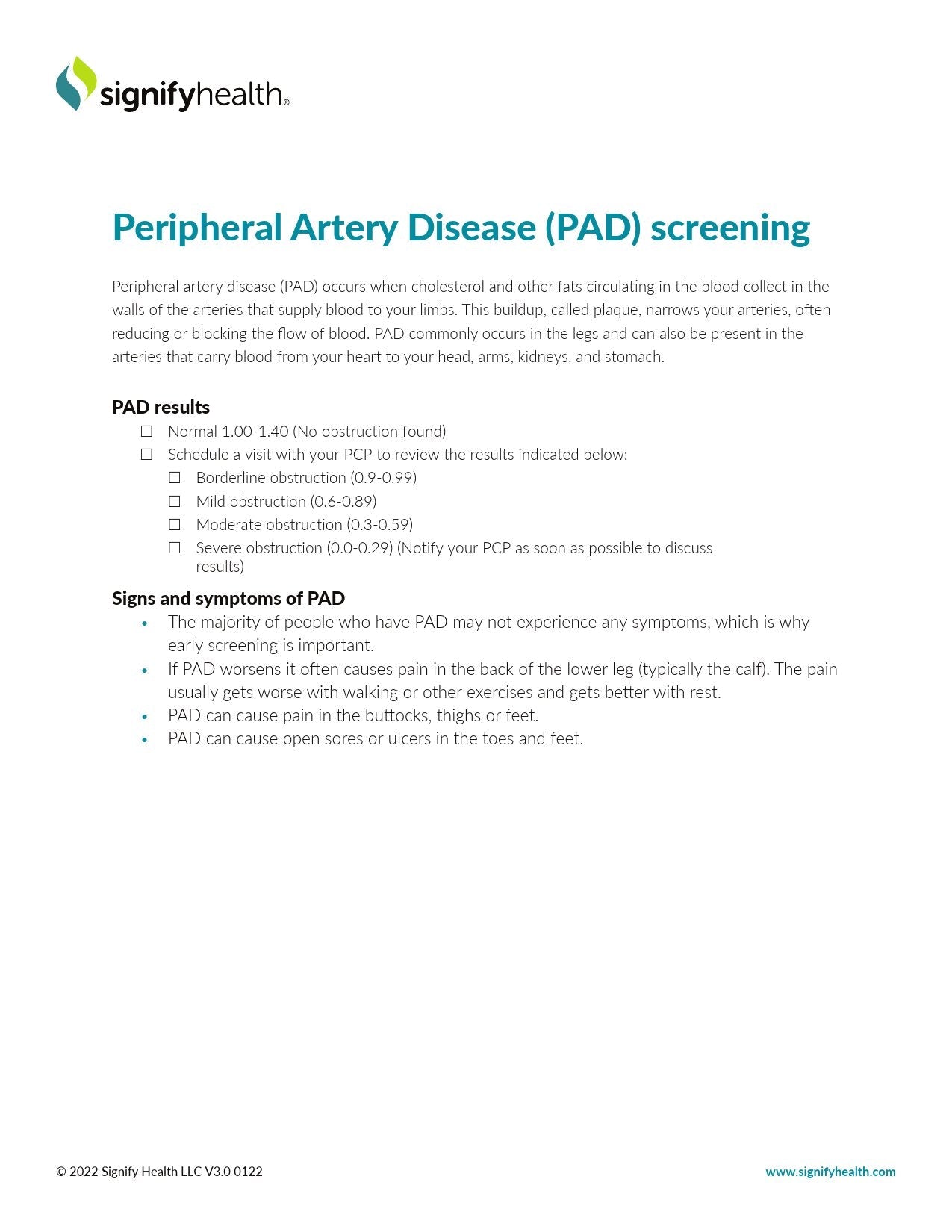 Fact Sheet Signigyhealth Peripheral Artery Disease (PAD) Screening 8 X 11 Inch 