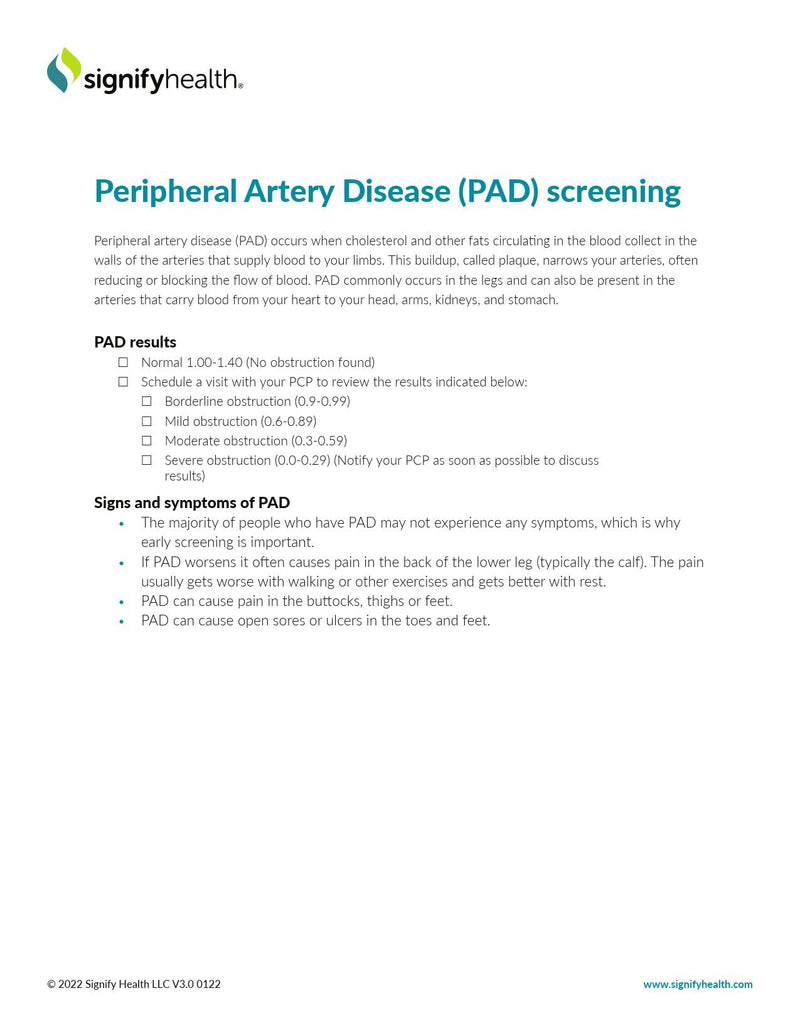 Fact Sheet Signigyhealth Peripheral Artery Disease (PAD) Screening 8 X 11 Inch 