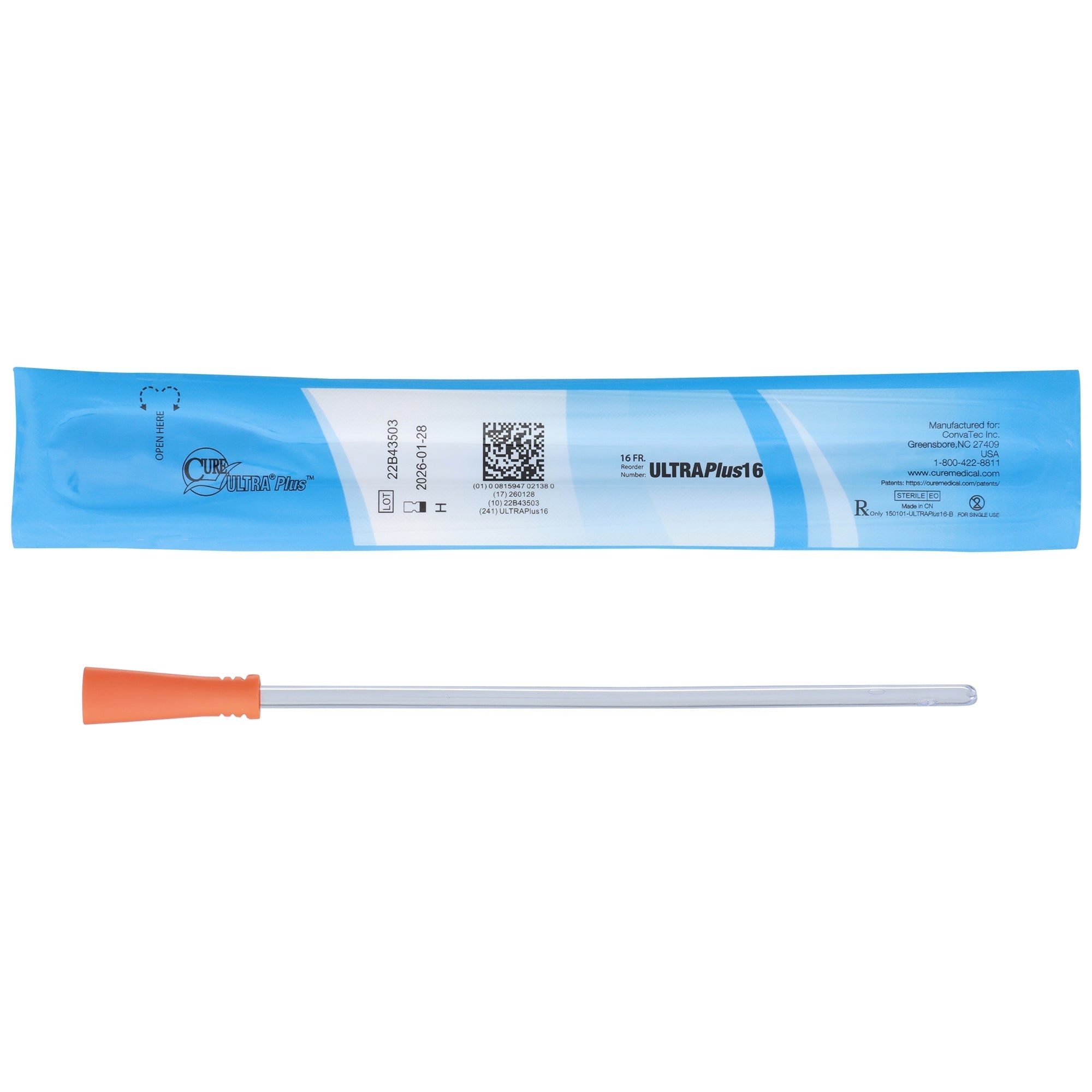 Urethral Catheter Cure Ultra Plus Straight Tip Lubricated PVC 16 Fr. 8 Inch Length 
