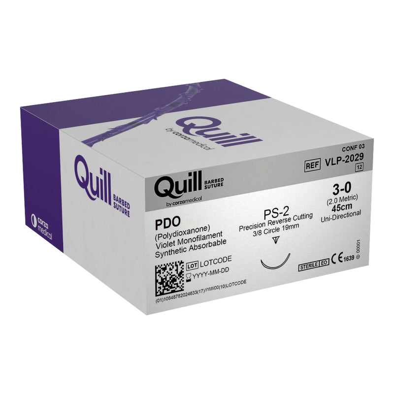 Absorbable Quill Barbed Suture with Needle Quill Polydioxanone PS-2 3/8 Circle Precision Reverse Cutting Needle Size 3-0 Barbed Monofilament 