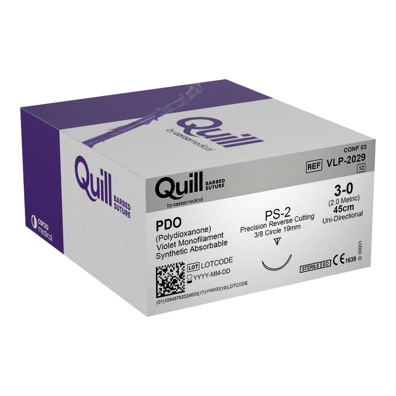 Absorbable Quill Barbed Suture with Needle Quill Polydioxanone PS-2 3/8 Circle Precision Reverse Cutting Needle Size 3-0 Barbed Monofilament 