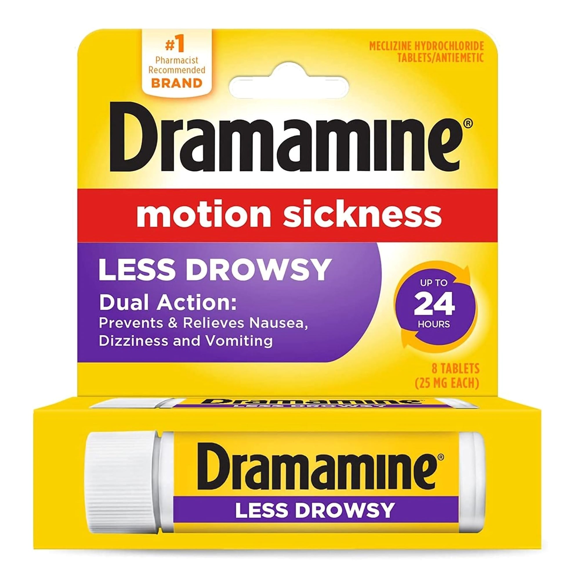 Nausea Relief Dramamine Motion Sickness All Day Less Drowsy 25 mg Strength Tablet 8 Per Box 