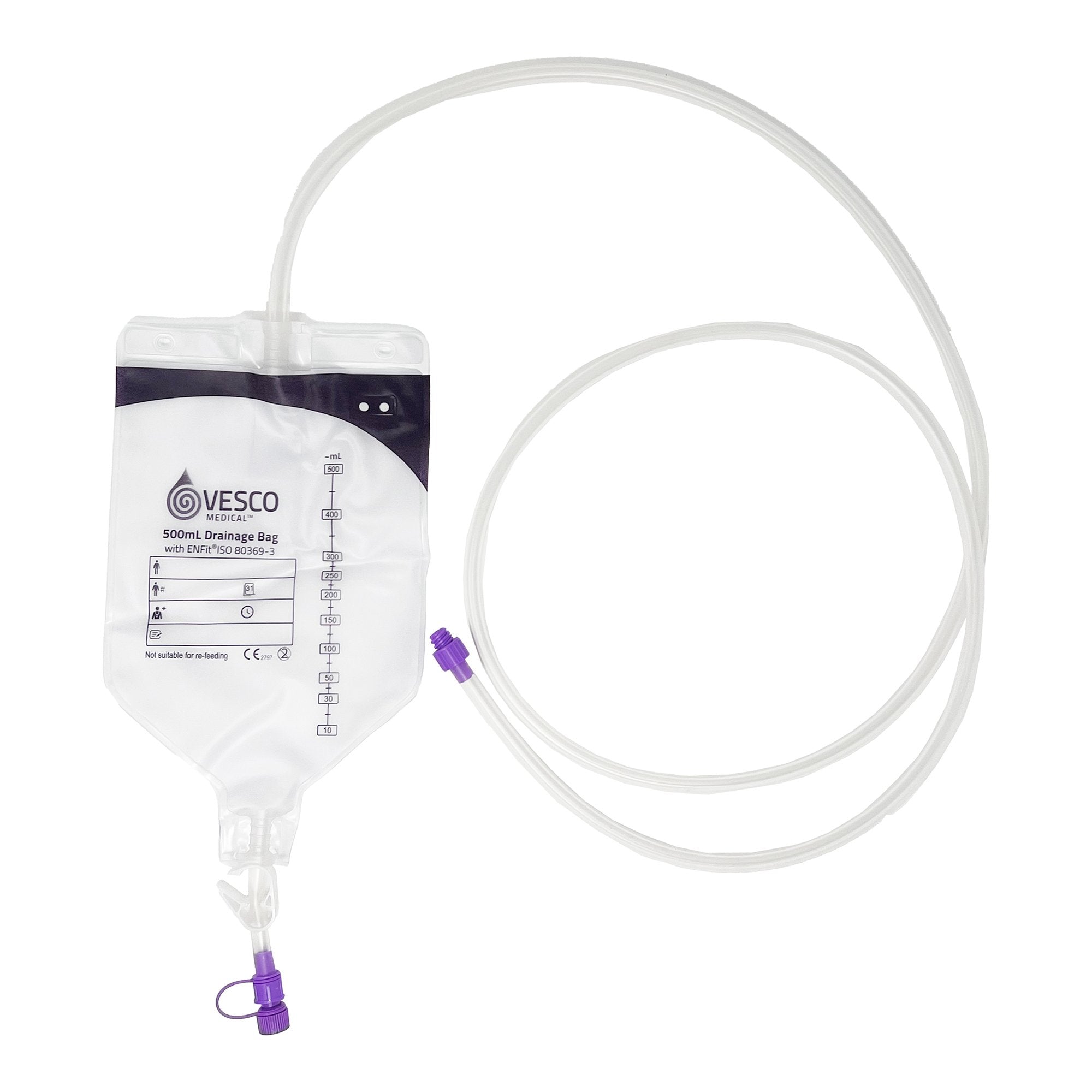 Enteral Drainage Bag with ENFit Connector Vesco Medical 60 Inch Tubing 500 mL Sterile 