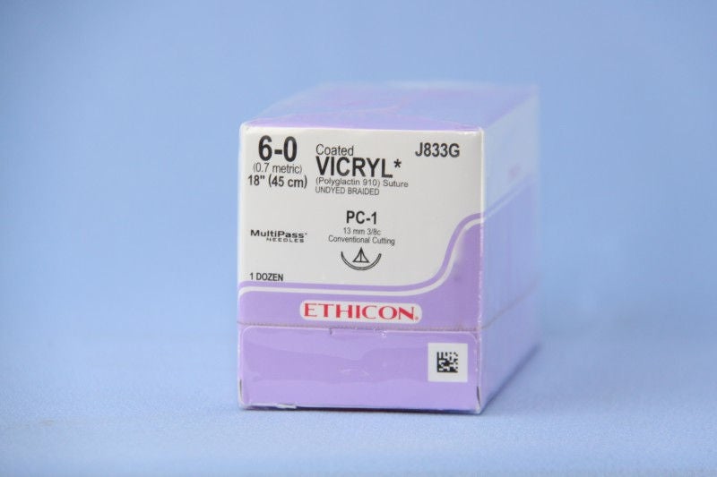 Absorbable Suture with Needle Coated Vicryl Polyglactin 910 PC-1 3/8 Circle Precision Conventional Cutting Needle Size 6-0 Braided (Box of 12)