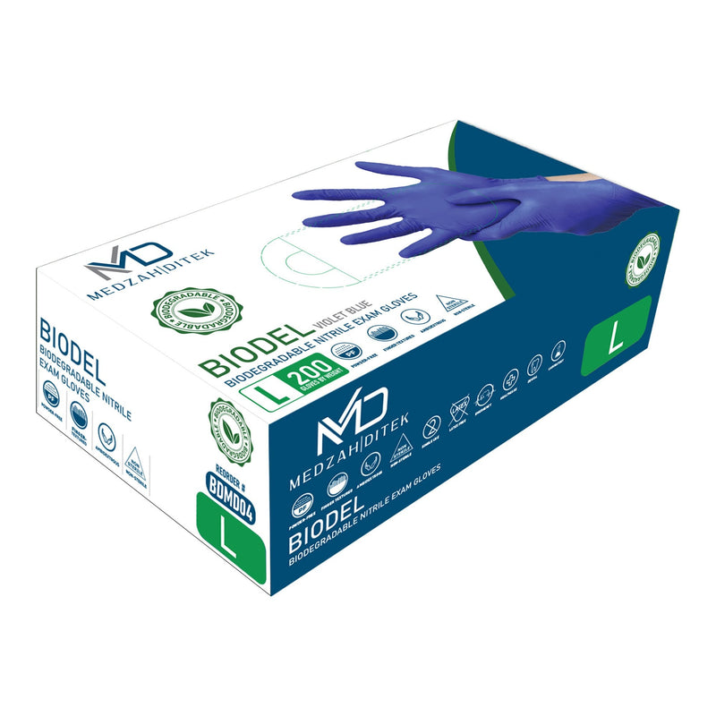 Exam Glove BIODEL Large 200 per Box NonSterile Nitrile Standard Cuff Length Textured Fingertips Violet Blue Chemo Tested / Fentanyl Tested 
