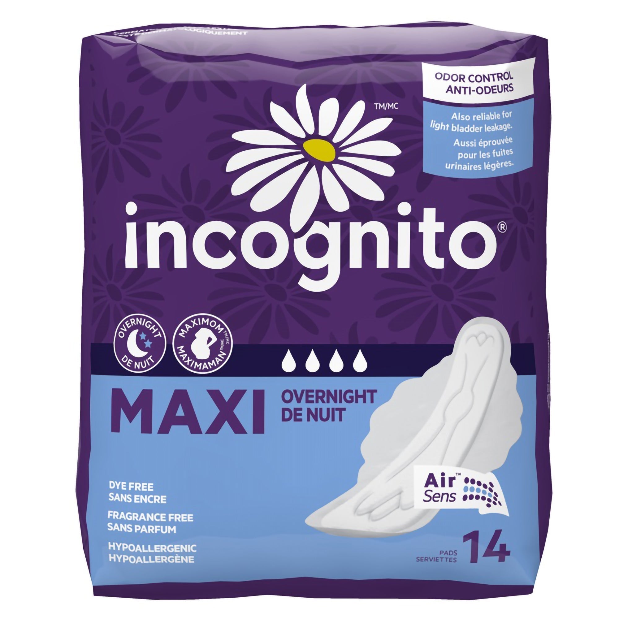 Feminine Pad Incognito Maxi with Wings / Overnight Heavy Absorbency 