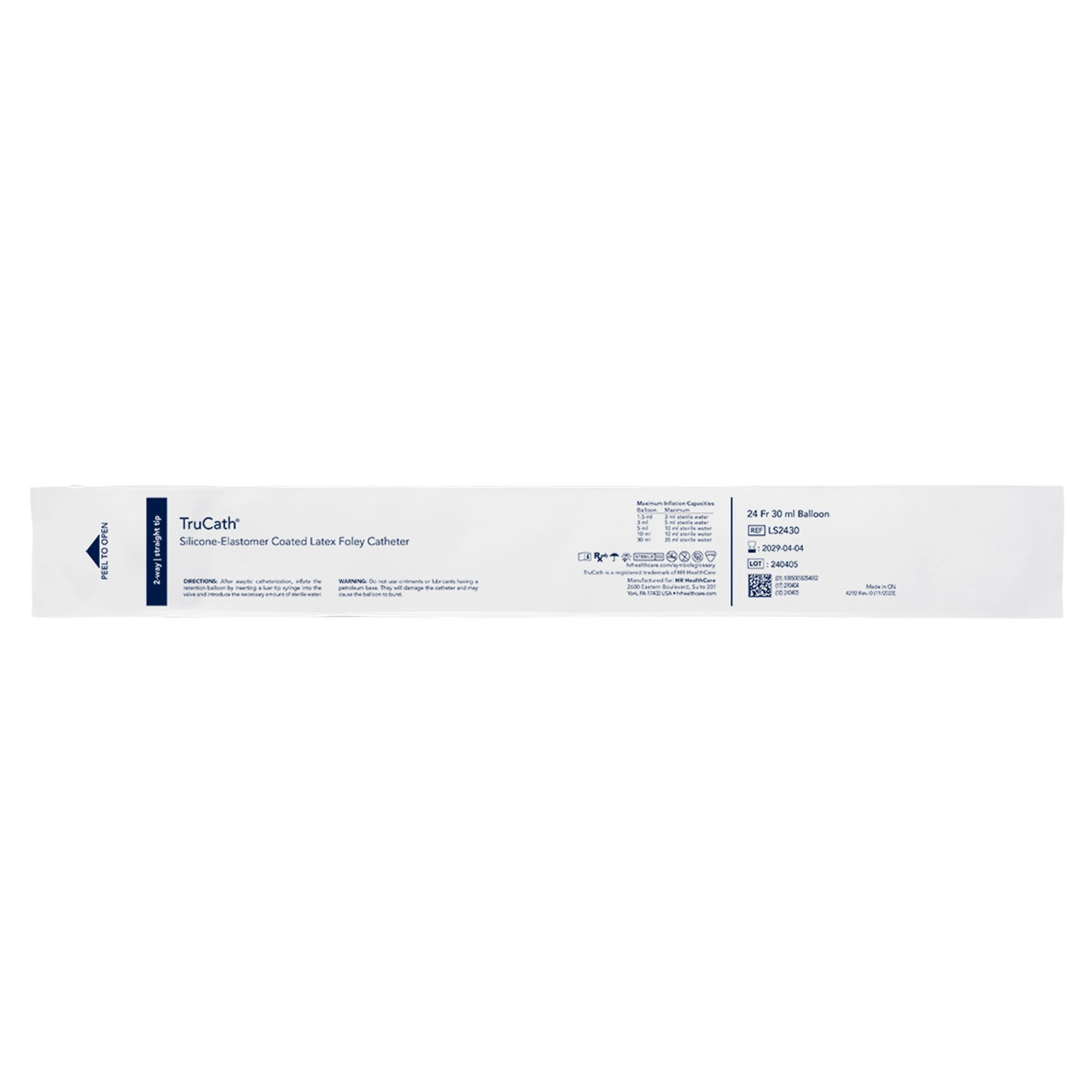 Foley Catheter TruCath 2-Way Standard Tip 30 mL Balloon 24 Fr. Silicone Elastomer Coated Latex (Case of 12)