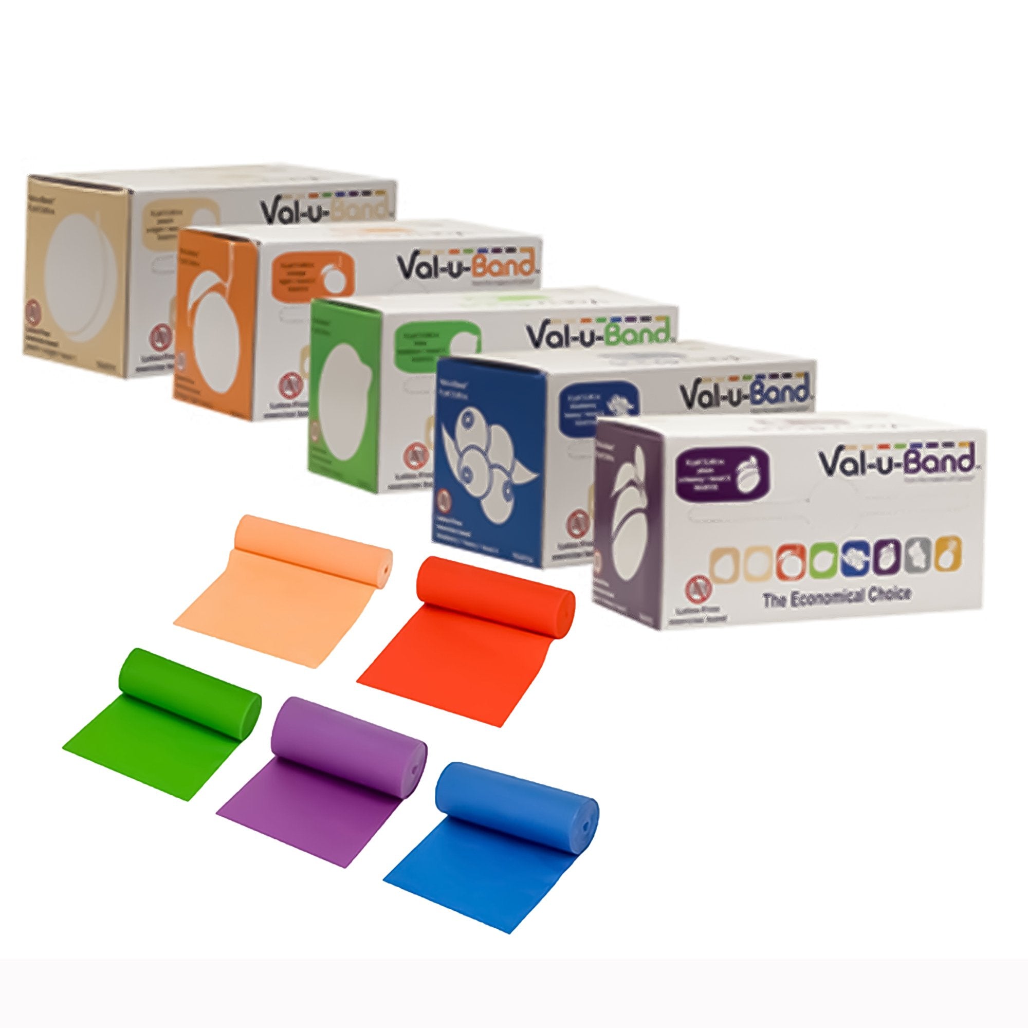 Exercise Resistance Band Set Val-u-Band Peach / Orange / Lime / Blueberry / Plum 3 Inch X 6 Yard X-Light to X-Heavy Resistance 