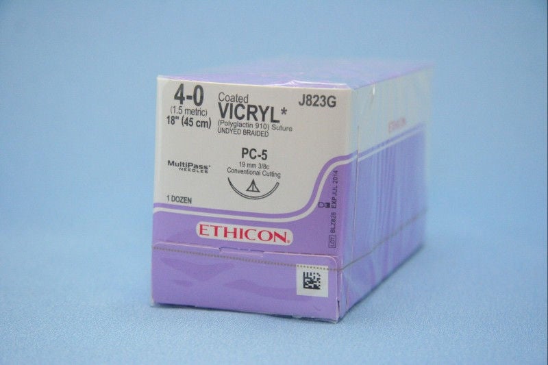 Absorbable Suture with Needle Coated Vicryl Polyglactin 910 PC-5 3/8 Circle Precision Conventional Cutting Needle Size 4-0 Braided (Box of 12)