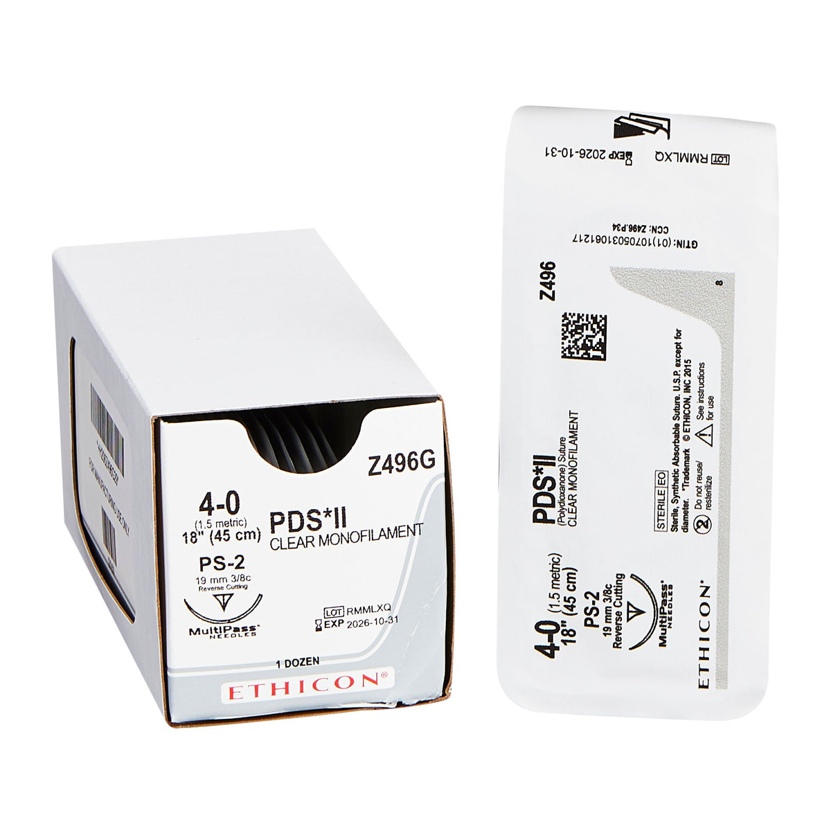 Absorbable Suture with Needle PDS II Polydioxanone PS-2 3/8 Circle Precision Reverse Cutting Needle Size 4-0 Monofilament (Box of 12)
