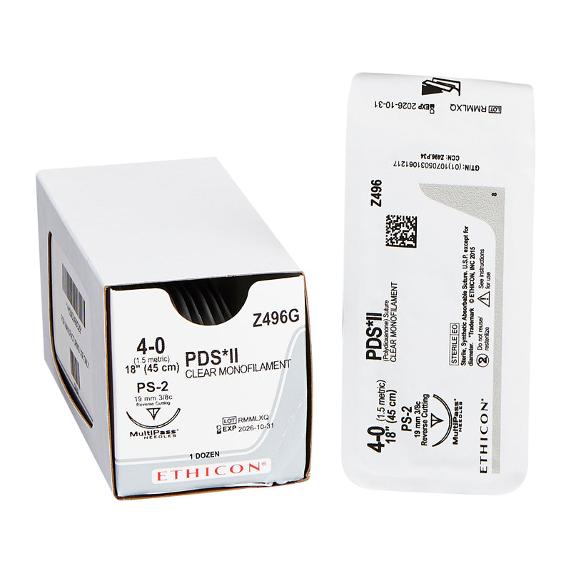Absorbable Suture with Needle PDS II Polydioxanone PS-2 3/8 Circle Precision Reverse Cutting Needle Size 4-0 Monofilament (Box of 12)