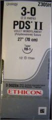 Absorbable Suture with Needle PDS II Polydioxanone RB-1 1/2 Circle Taper Point Needle Size 3-0 Monofilament (Box of 36)