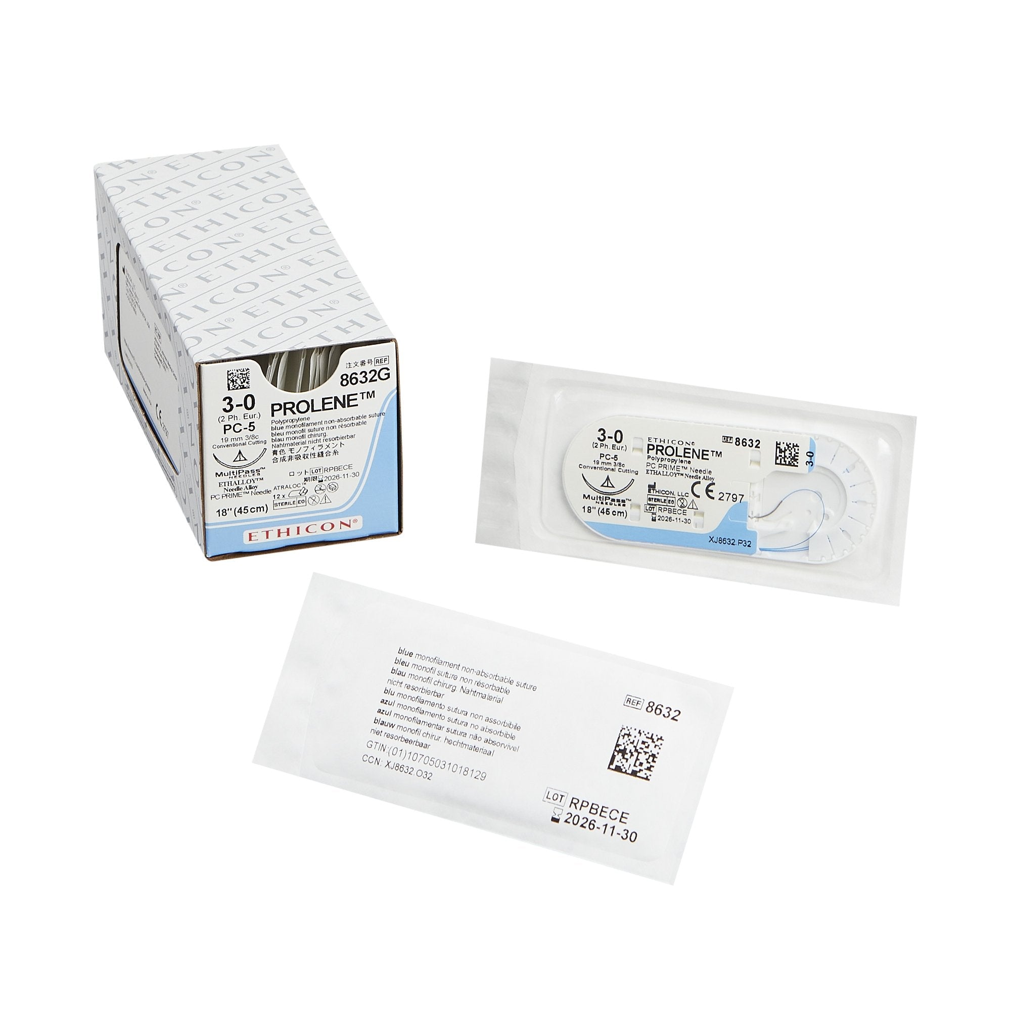 Nonabsorbable Suture with Needle Prolene Polypropylene PC-5 3/8 Circle Precision Conventional Cutting Needle Size 3-0 Monofilament 
