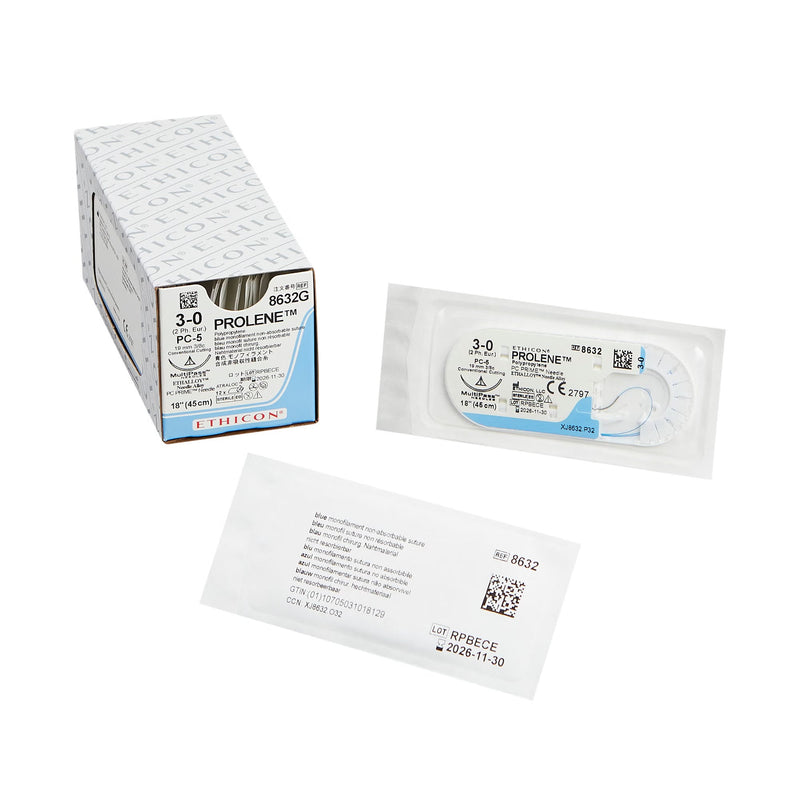 Nonabsorbable Suture with Needle Prolene Polypropylene PC-5 3/8 Circle Precision Conventional Cutting Needle Size 3-0 Monofilament 