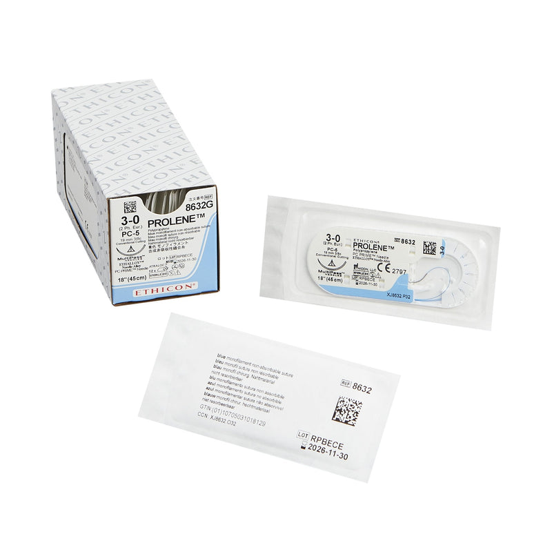 Nonabsorbable Suture with Needle Prolene Polypropylene PC-5 3/8 Circle Precision Conventional Cutting Needle Size 3-0 Monofilament 