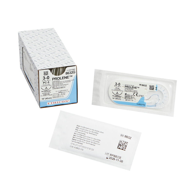 Nonabsorbable Suture with Needle Prolene Polypropylene PC-5 3/8 Circle Precision Conventional Cutting Needle Size 3-0 Monofilament (Box of 12)