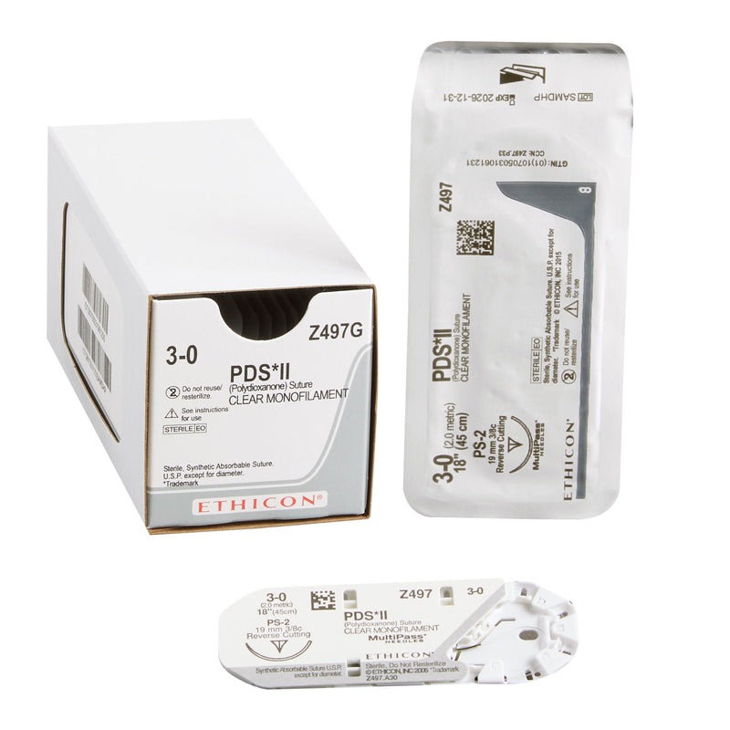 Absorbable Suture with Needle PDS II Polydioxanone PS-2 3/8 Circle Precision Reverse Cutting Needle Size 3-0 Monofilament (Box of 12)