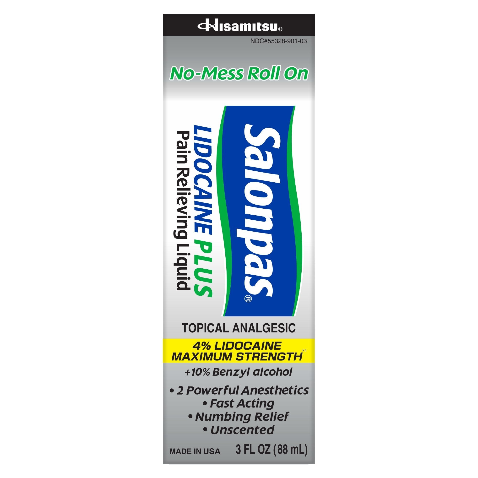 Emerson Healthcare Salonpas Lidocaine 4% Plus Pain Relieving Liquid No-Mess Roll On, 3 ounces (36/CS) 
