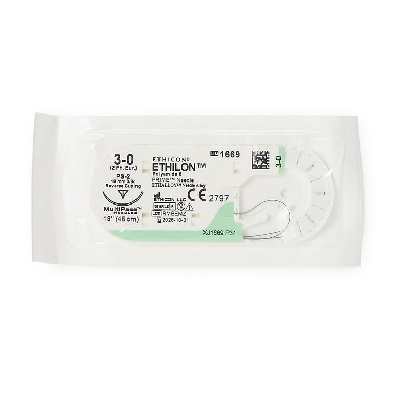 Nonabsorbable Suture with Needle Ethilon Nylon PS-2 3/8 Circle Precision Reverse Cutting Needle Size 3-0 Monofilament 