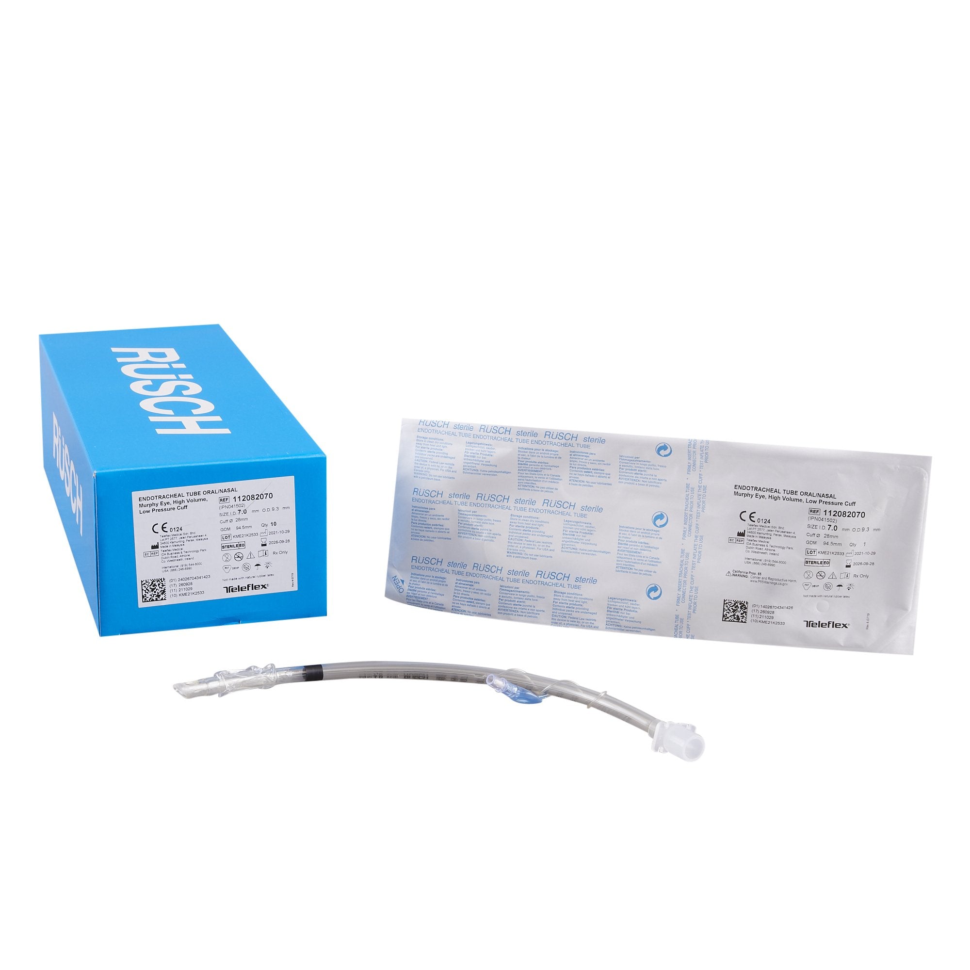 Cuffed Endotracheal Tube Safety Clear Plus 320 mm Length Curved 7.0 mm ID Adult Murphy Eye 