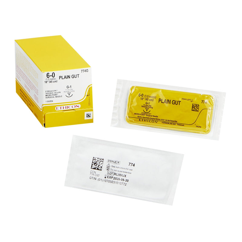 Absorbable Suture with Needle GUT PLAIN Plain Gut G-1 3/8 Circle Precision Reverse Cutting Needle Size 6-0 Monofilament 