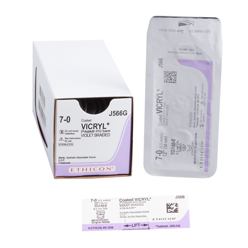 Absorbable Suture with Needle Coated Vicryl Polyglactin 910 TG140-8 3/8 Circle Spatula Needle Size 7-0 Braided (Box of 12)