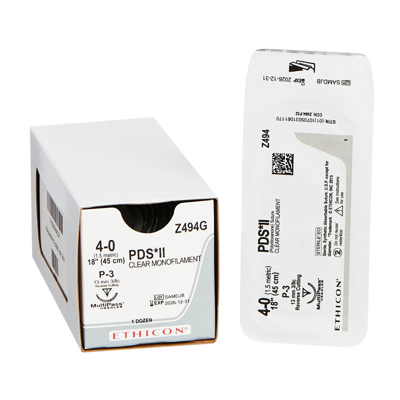 Absorbable Suture with Needle PDS II Polydioxanone P-3 3/8 Circle Precision Reverse Cutting Needle Size 4-0 Monofilament 