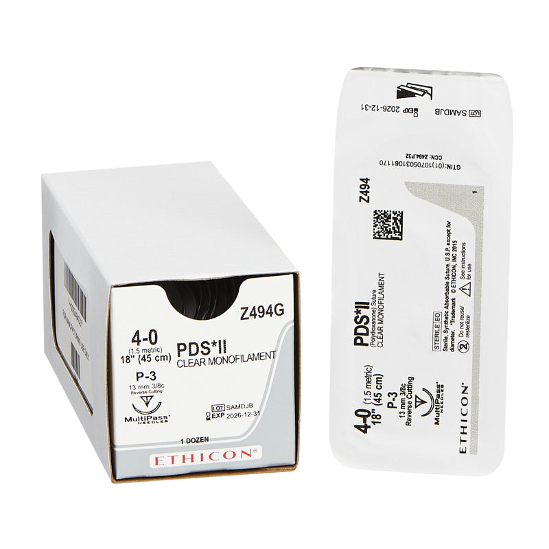 Absorbable Suture with Needle PDS II Polydioxanone P-3 3/8 Circle Precision Reverse Cutting Needle Size 4-0 Monofilament 