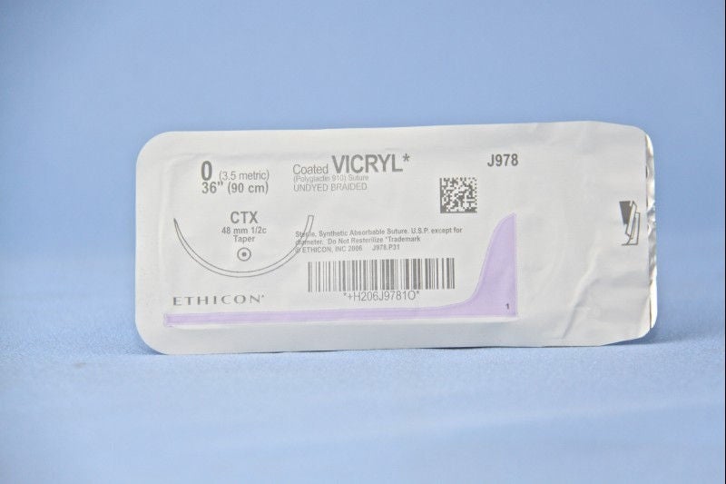 Absorbable Suture with Needle Coated Vicryl Polyglactin 910 CTX 1/2 Circle Taper Point Needle Size 0 Braided (Box of 36)