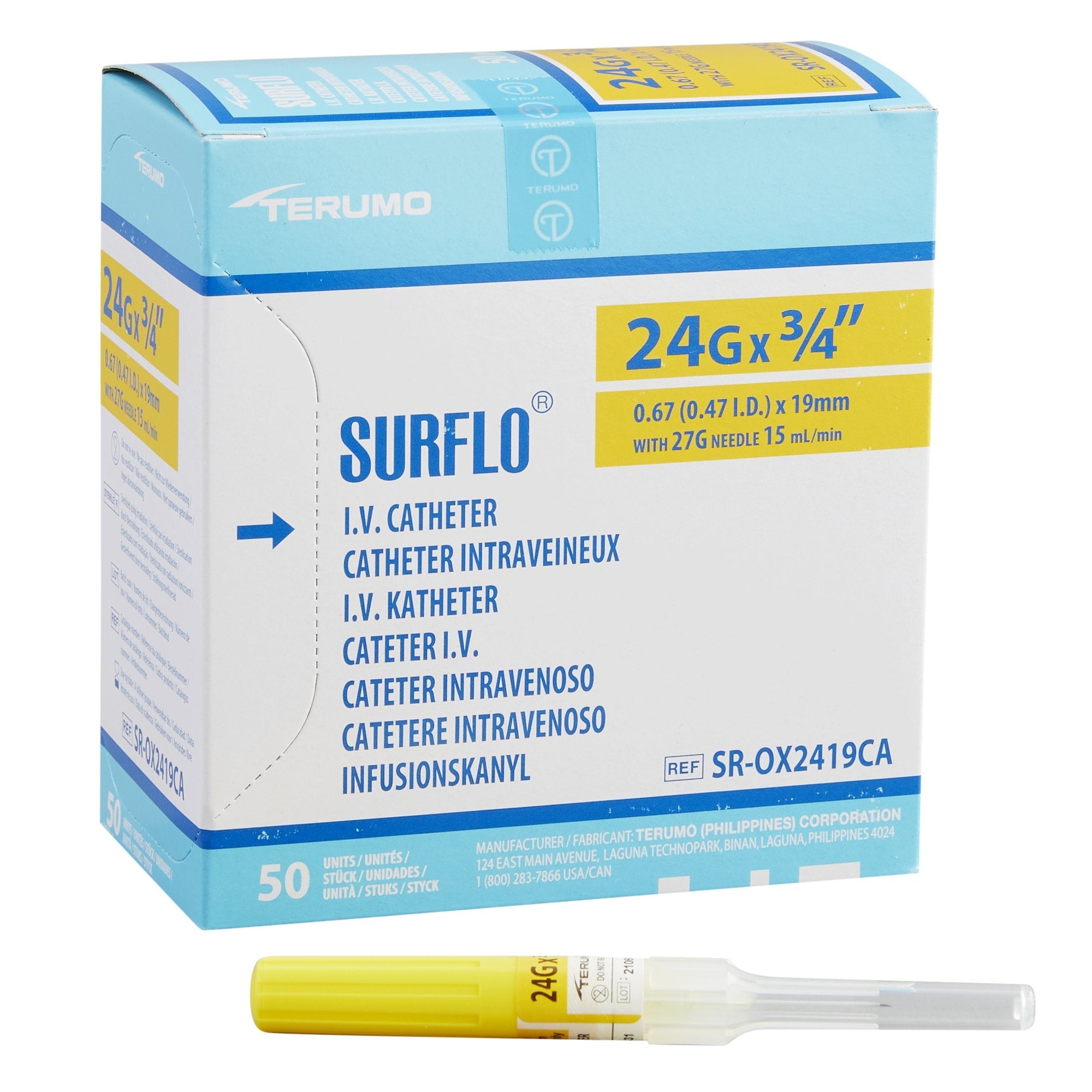 Peripheral IV Catheter Surflo 24 Gauge 3/4 Inch ETFE Straight Hub Non Blood Control Non-Safety 