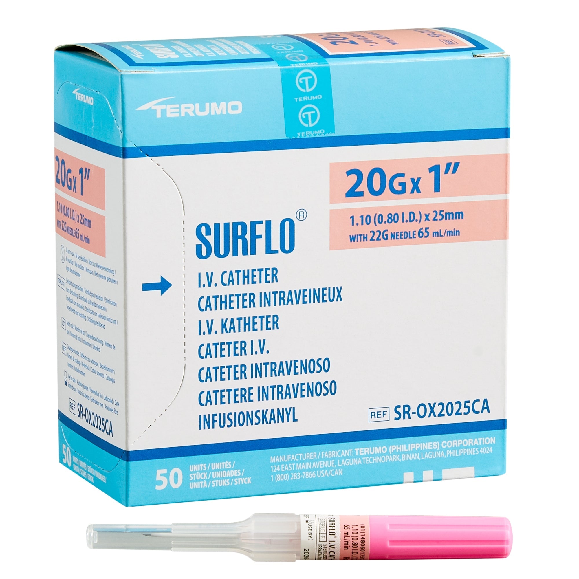 Peripheral IV Catheter Surflo 20 Gauge 1 Inch ETFE Straight Hub Non Blood Control Non-Safety 