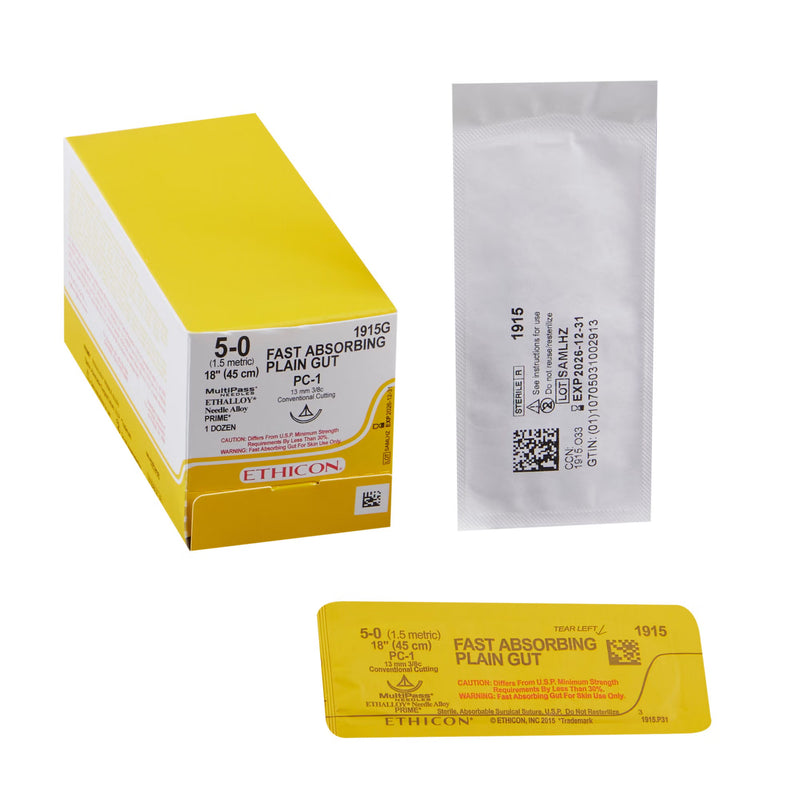 Absorbable Suture with Needle Fast Absorbing Gut Plain Gut PC-1 3/8 Circle Precision Conventional Cutting Needle Size 5-0 Monofilament (Box of 12)