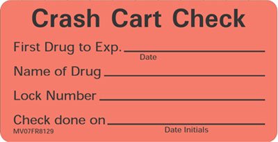 PDC Healthcare Pre-Printed Label Barkley Auxiliary Label Red Crash Cart Check First Drug To Exp Name Of Drug Lock Number Check Done On Black Communication Label 1-1/2 X 2-15/16 Inch