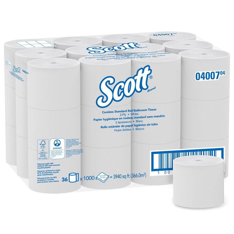 Scott Essential Toilet Tissue, 2-Ply, Standard Size, Coreless Roll (Case of 36 Rolls)