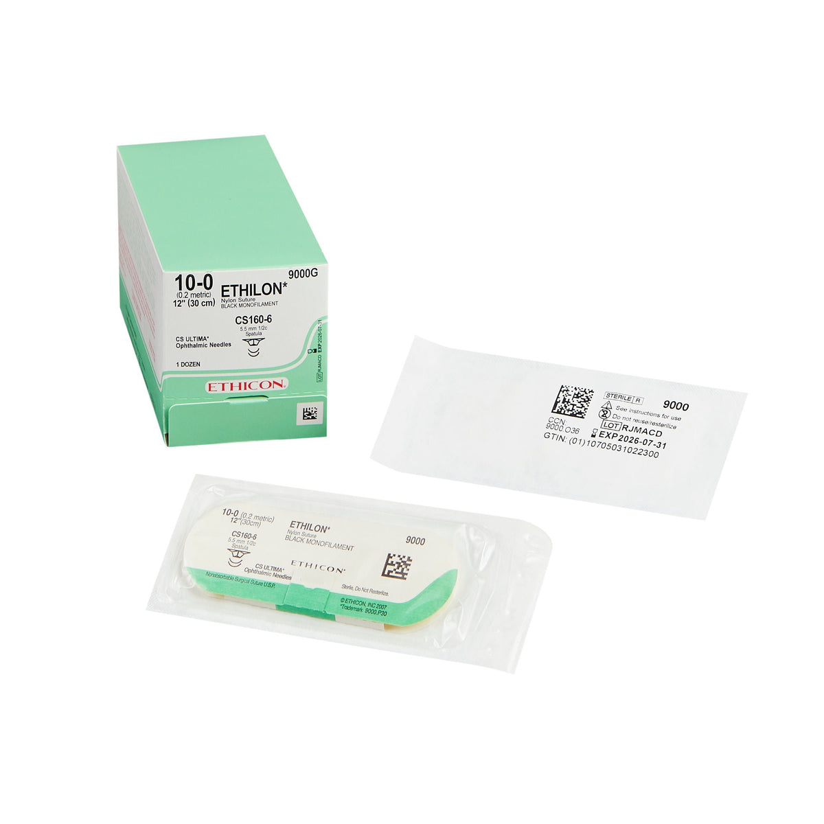 Nonabsorbable Suture with Needle Ethilon Polyamide CS160-6 1/2 Circle Ophthalmic Spatula Needle Size 10-0 Monofilament (Box of 12)