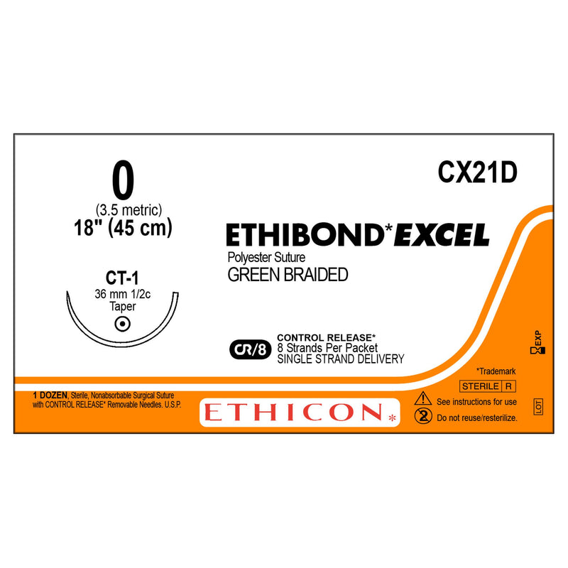 Nonabsorbable Suture with Needle Ethibond Polyester CT-1 1/2 Circle Taper Point Needle Size 0 Braided (Box of 12)