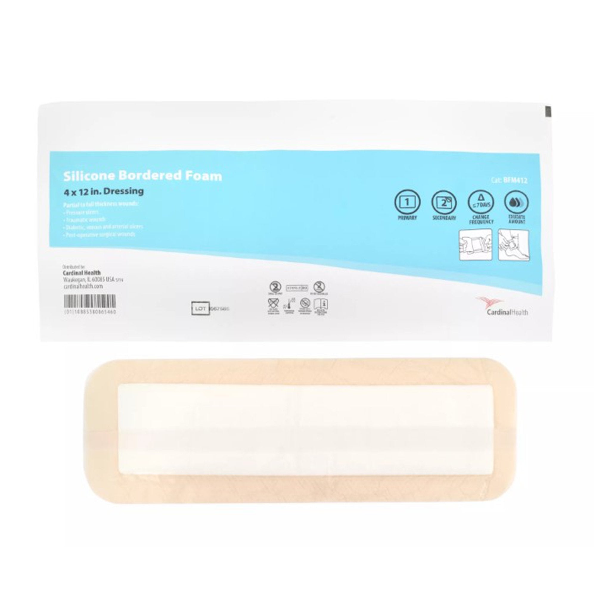 Cardinal 5-Layer Foam Dressing Kendall 4 X 13 Inch With Border Film Backing Silicone Adhesive Rectangle Sterile (25/CS) 