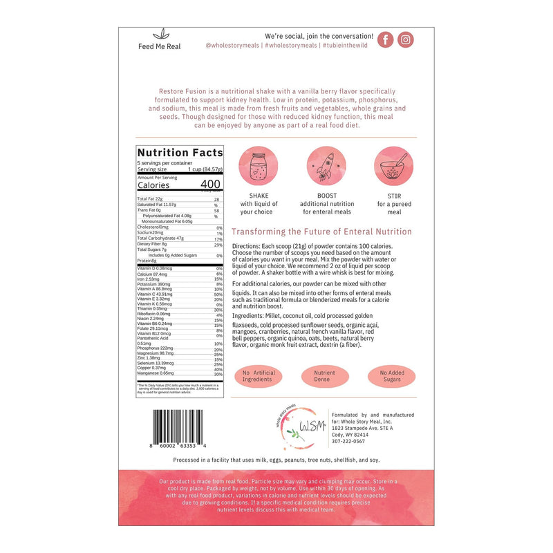 Whole Story Meals Oral Supplement Restore Fusion Renal Support Vanilla Berry Flavor Powder 16 oz. Pouch (30/CS) 