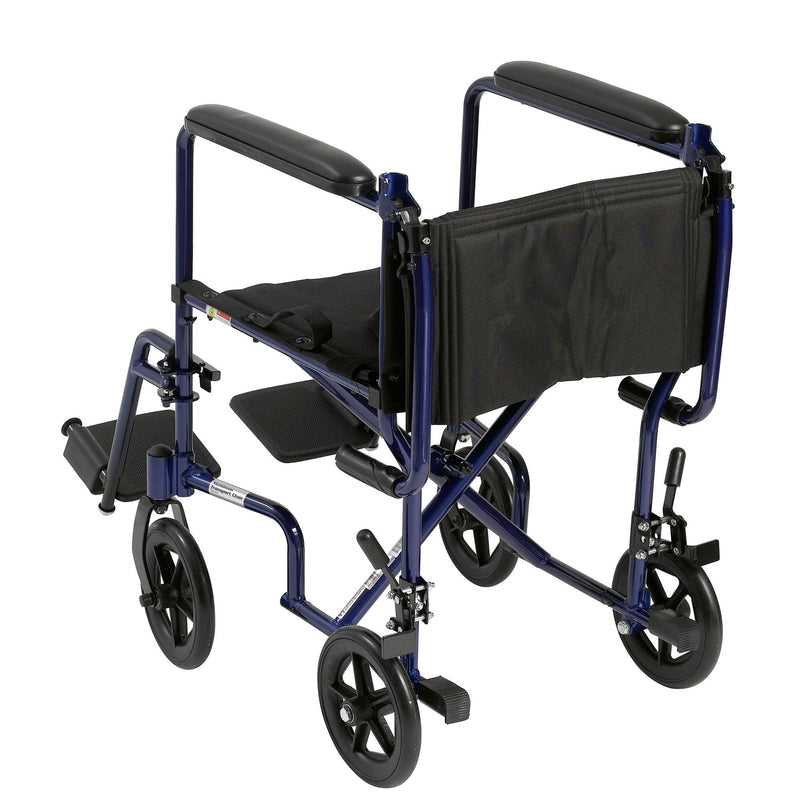 Transport Chair drive 17 Inch Seat Width Fixed Arm Height Swing-Away Footrest Aluminum Frame with Blue Finish