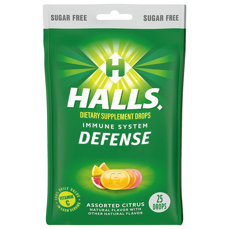 Halls Defense Dietary Supplement Drops Sugar Free Assorted Citrus (Bag of 25)