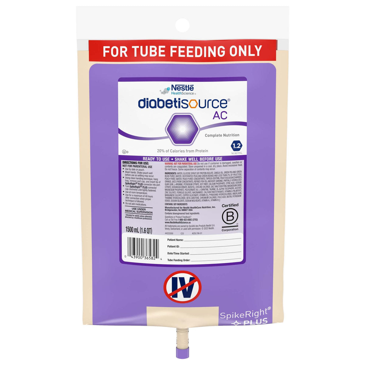 Diabetisource AC Tube Feeding Formula, 1.5 L Ready to Hang Prefilled Container (Case of 4)