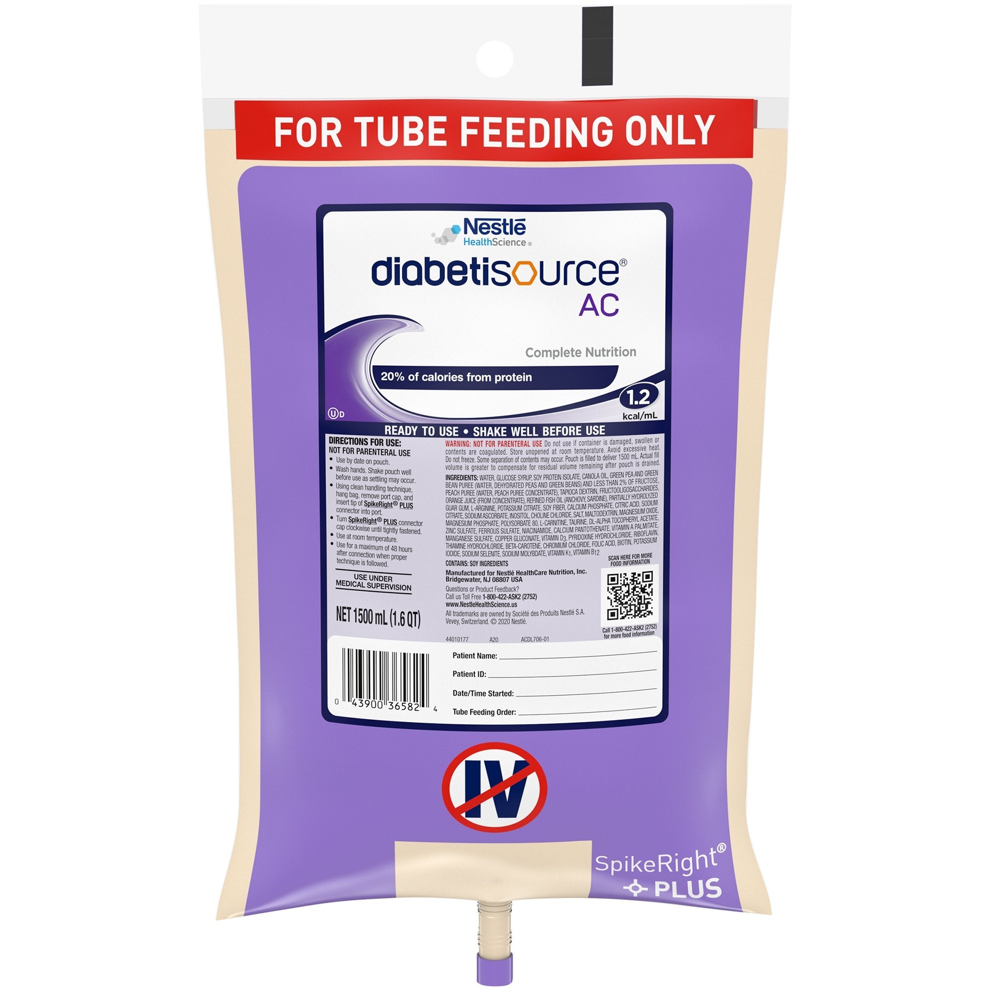 Nestle Healthcare Nutrition Diabetisource AC Tube Feeding Formula, 1.5 L Ready to Hang Prefilled Container (4/CS) 