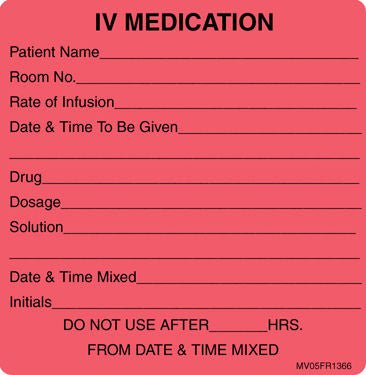 Pre-Printed Label MedVision Anesthesia Label Fluorescent Red Paper IV Medication Added Black Syringe Label 2-7/16 X 2-1/2 Inch (Roll of 400)